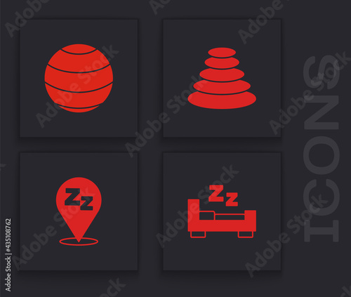 Set Time to sleep, Fitness ball, Stack hot stones and Sleepy icon. Vector