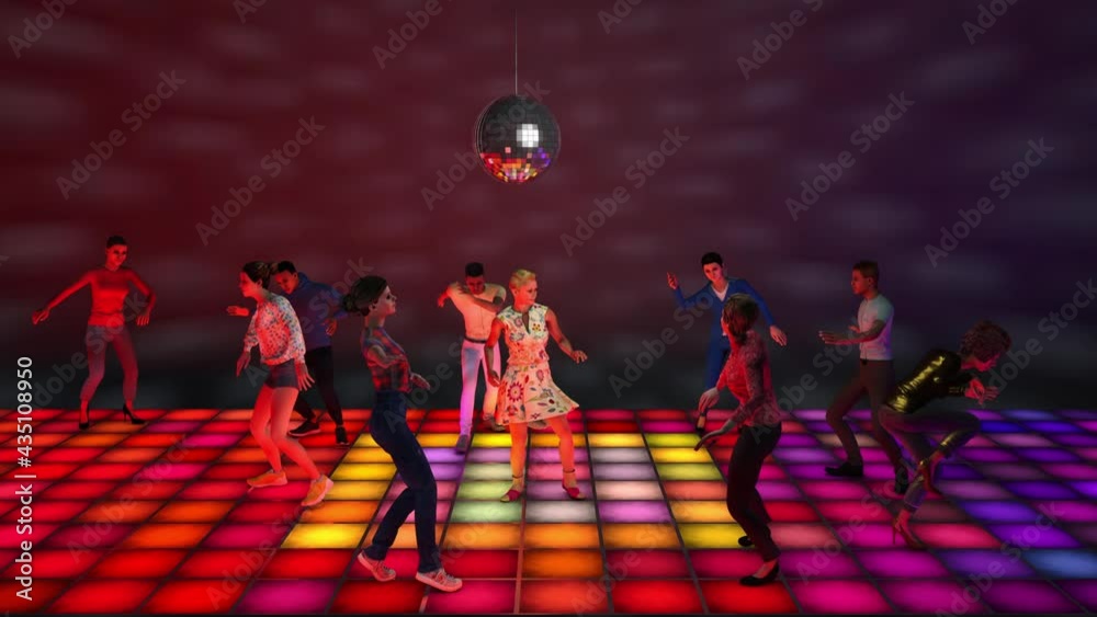 CG animation of people dancing in a retro disco club with colorful dance floor and a discoball, loop with alpha matte. CG animation of people dancing in a retro disco club with colorful dance floor and a discoball, loop with alpha matte.