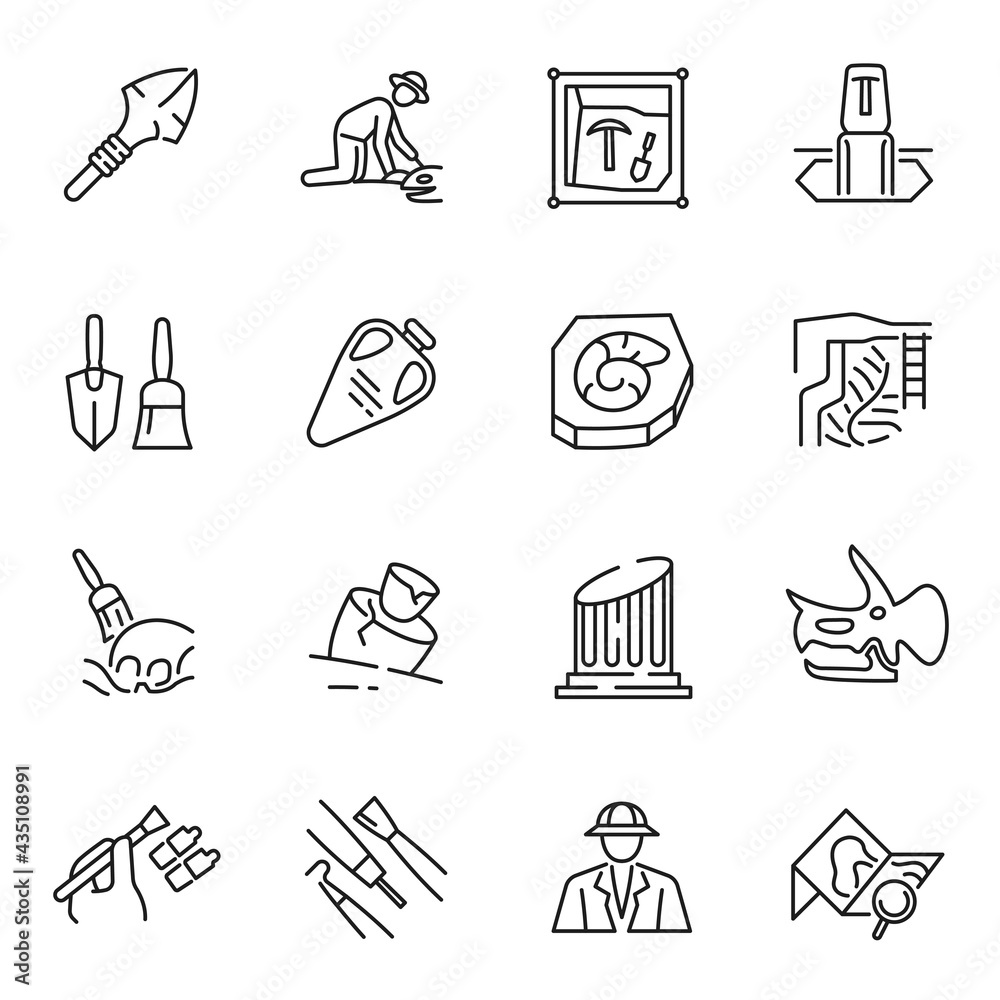 Naklejka premium Monochrome archeology icon set vector illustration antique civilization, paleontology discovery