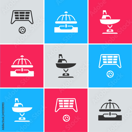 Set Soccer goal with ball, Attraction carousel and Swing boat icon. Vector