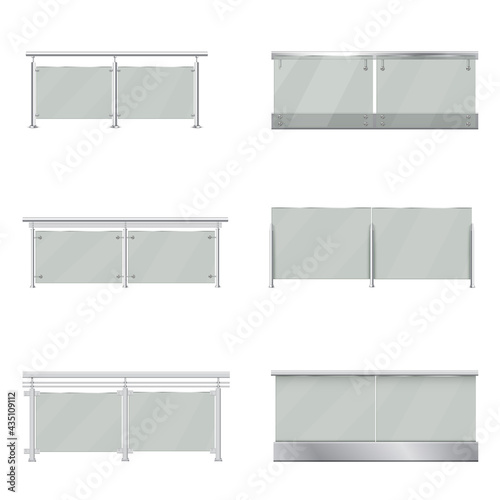 Collection realistic glass balustrades vector illustration. Set of transparent balcony rails