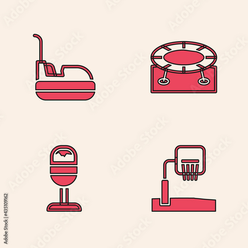 Set Basketball backboard, Bumper car, Jumping trampoline and Trash can icon. Vector