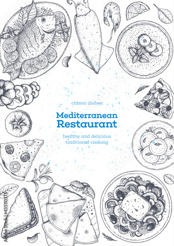 Mediterranean cuisine top view frame. A set of mediterranean dishes. Food menu design template. Vintage hand drawn sketch. Vector illustration. Food collection.