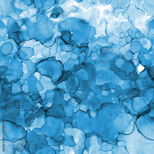 Blue alcohol ink bubbles seamless pattern. Monochrome watercolor abstract background