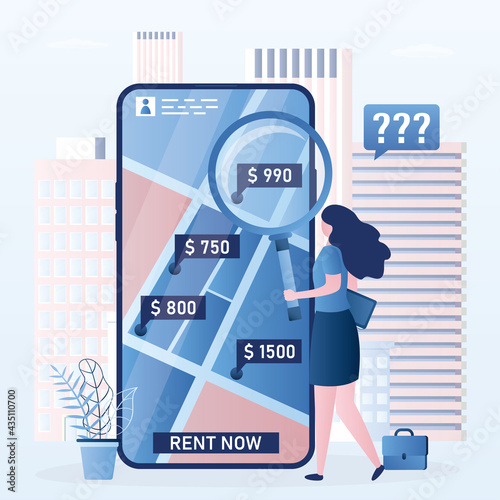 Cellphone with app for rental. Businesswoman or expat search apartments or flat for rent. Beauty girl uses magnifying glass. Map with prices on screen.