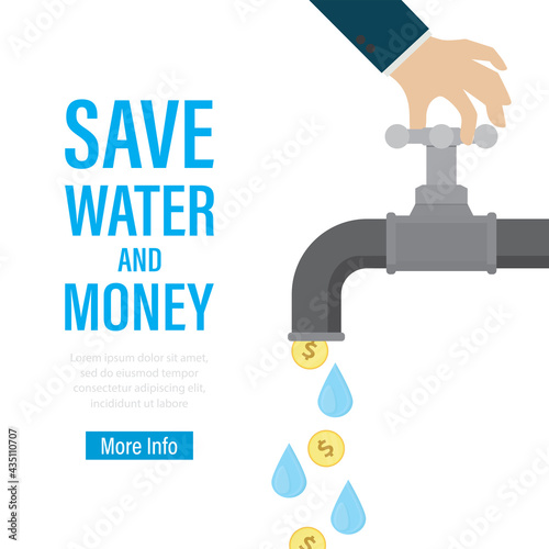 Big hand closes tap with water and coins. Ecology problems concept. Save water and money, landing page template. Irreplaceable natural resources of planet.