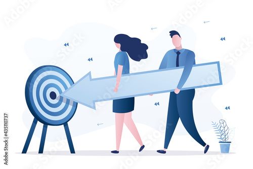 Shared goals, teamwork. Business people holds big arrow and aim at target. Successful team develop achievement project. Cooperation, company strategy.