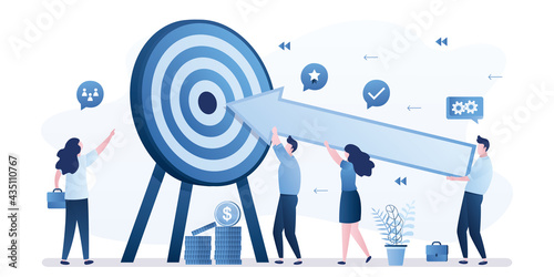 Shared goals, company strategy. Boss leads subordinates. Tiny business people holds huge arrow and aim at target. Successful team develop achievement startup.