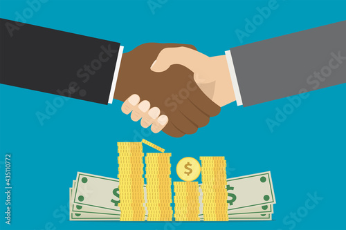 Partners handshake. Successful negotiation, profitable deal. Business agreement. Shake hands, stacks of coins. Making money, concept banner.