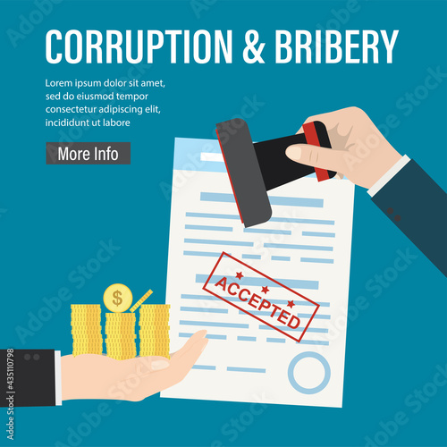 Bribery and corruption. Hand gives lot of gold coins, other hand put stamp on document. Successful bribe deal. Criminal payment. Illegal cash for agreement or contract.