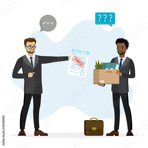Fired worker with box. Caucasian boss holds dismissal document. Reduction of number of staff, dismissal of employees. Sad jobless african american man.