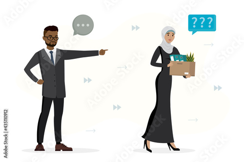 African american businessman boss fires muslim female employee. Reduction of number of staff, dismissal of employees. Sad jobless arabic woman.