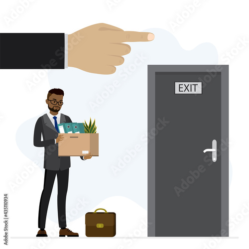 Fired worker with box in hands. Big hand points to door. Reduction of number of staff, dismissal of employees. Unhappy jobless african american man.