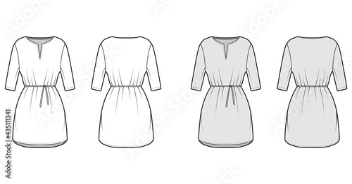 Dress tunic technical fashion illustration with tie, elbow sleeves, oversized body, mini length skirt, slashed neck. Flat apparel front, back, white, grey color style. Women, men CAD mockup