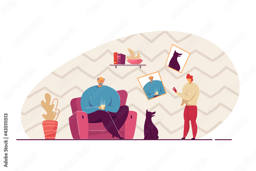 Woman taking photos of man and dog. Old man sitting in armchair, dog pet nearby, granddaughter taking picture of them. Family, photo concept for website or landing page Woman taking photos of man and dog. Old man sitting in armchair, dog pet nearby, granddaughter taking picture of them. Family, photo concept for website or landing page