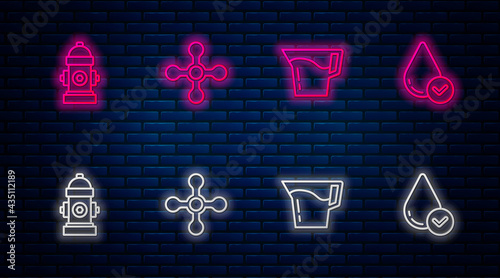 Set line Water tap, Jug glass with water, Fire hydrant and drop. Glowing neon icon on brick wall. Vector