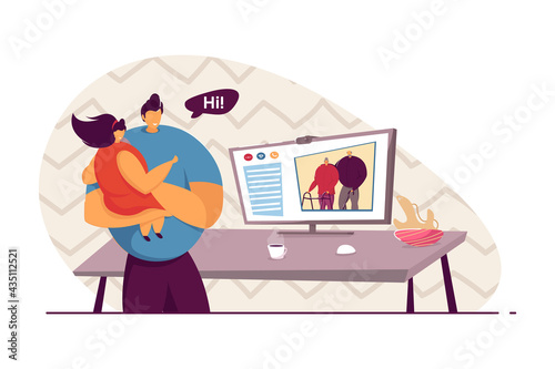 Mother and daughter video chatting with grandparents. Online family reunion. Grandchild calling. Internet technologies for communication concept for website design or landing page.