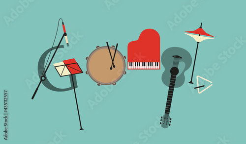 Google doodle musical instruments vector icon. Imitation of logotype. Retro color music sign cartoon design element. Musical event symbols sketch illustration. Live entertainment template background