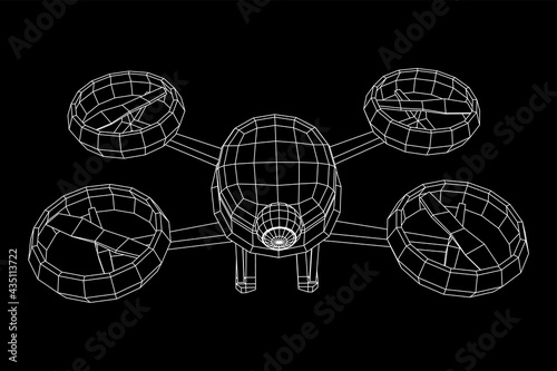 Drone flying with action video camera. Wireframe low poly mesh vector illustration