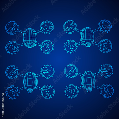 Drone flying with action video camera. Wireframe low poly mesh vector illustration