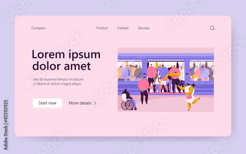 Disabled woman squeezing into overcrowded train. Crowd of people in metro flat vector illustration. Overpopulation, rush hour, public transport concept for banner, website design or landing web page