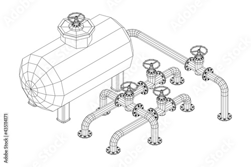 Oil tank storage of flammable materials and pipeline with valve. Finance economy polygonal petrol production. Petroleum fuel industry transportation line. Wireframe low poly mesh vector illustration.