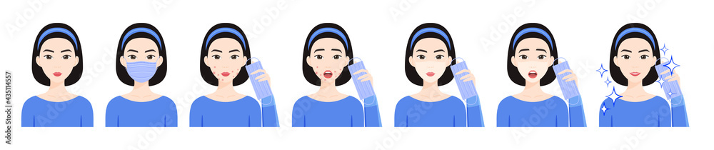 Beautiful Asian Woman in a Medical Mask. Skin Problems, Pimples and Acne, Sunburn from Wearing a mask. A Sad and Happy Girl, with a mask in her Hands.Flat cartoon color style.White background.Vector. Beautiful Asian Woman in a Medical Mask. Skin Problems, Pimples and Acne, Sunburn from Wearing a mask. A Sad and Happy Girl, with a mask in her Hands.Flat cartoon color style.White background.Vector.