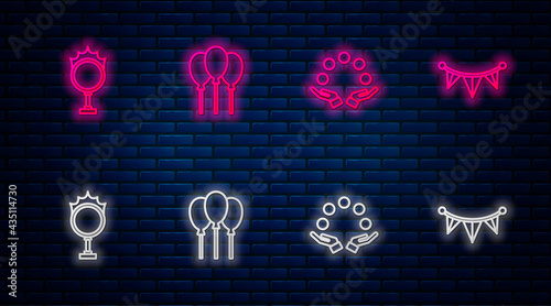 Set line Balloons with ribbon, Juggling ball, Circus fire hoop and Carnival garland flags. Glowing neon icon on brick wall. Vector