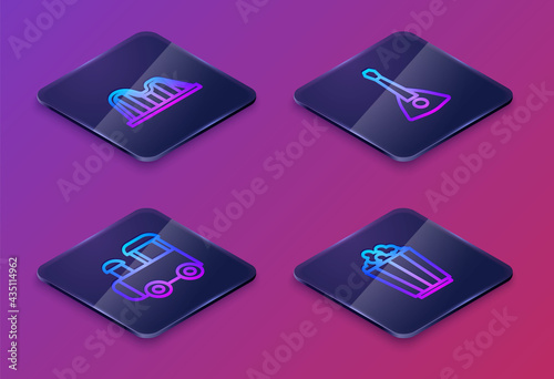 Set Isometric line Roller coaster, Toy train, Balalaika and Popcorn box. Blue square button. Vector