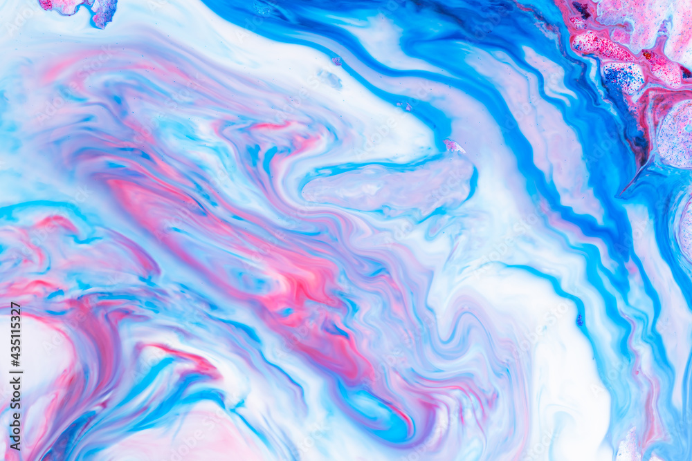 Fluid art. Abstract lilac pink background. Liquid marble texture design. Blue pink pattern