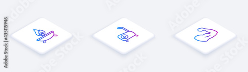 Set Isometric line Aroma candle, Stationary bicycle and Bodybuilder muscle. White square button. Vector