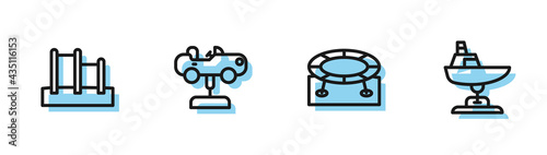 Set line Jumping trampoline, Horizontal bar, Swing car and boat icon. Vector