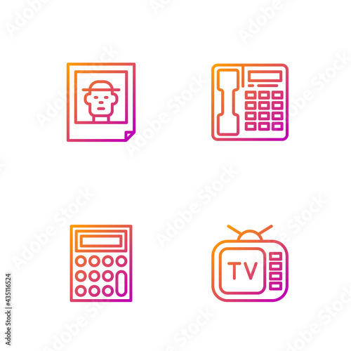 Set line Retro tv, Calculator, Photo and Telephone handset. Gradient color icons. Vector