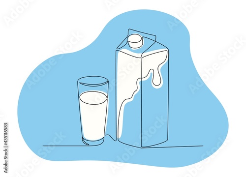 One line drawing of glass of milk and milk package. Mono line milk in carton box, organic food concept. Vector graphic illustration