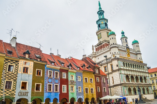 POZNAN  POLAND  27 AUGUST 2018  Colorful houses and the town hall of the Old Market Square
