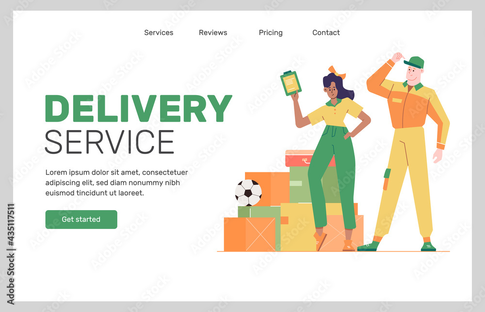 Delivery service. A man loader and a girl courier stand near the stacks of boxes. Landing page design concept. Vector flat illustration.