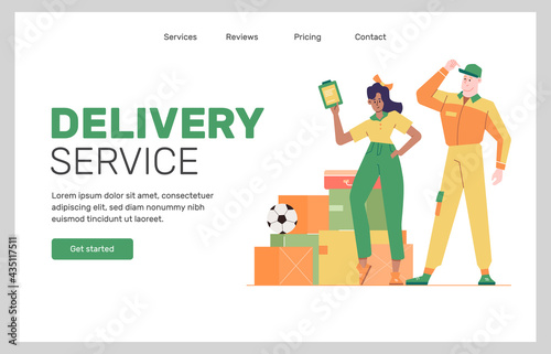 Delivery service. A man loader and a girl courier stand near the stacks of boxes. Landing page design concept. Vector flat illustration.