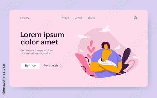 Happy mom breastfeeding baby. New mother offering breast to newborn infant. Vector illustration for motherhood, healthy nutrition, child birth concept