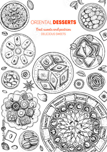 Oriental sweets vector illustration. Middle eastern food, hand drawn sketch. Linear graphic. Food menu background. Engraved style design template.