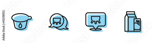 Set line Udder, Yogurt container, and Paper package for kefir icon. Vector