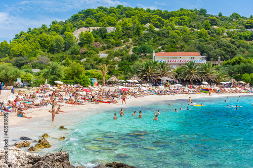 HVAR, CROATIA, AUGUST 8 2019: The beautiful Pokoniji Dol Beach in Hvar Island, Adriatic Sea