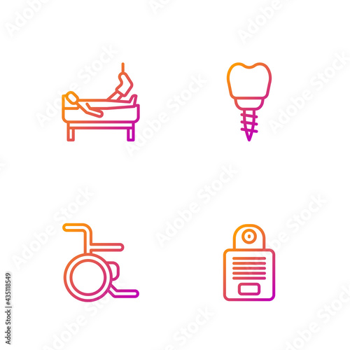 Set line Intercom, Wheelchair, Patient with broken leg and Dental implant. Gradient color icons. Vector