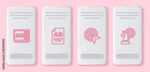 Set line Advertising, , Target and Chess. White rectangle button. Vector