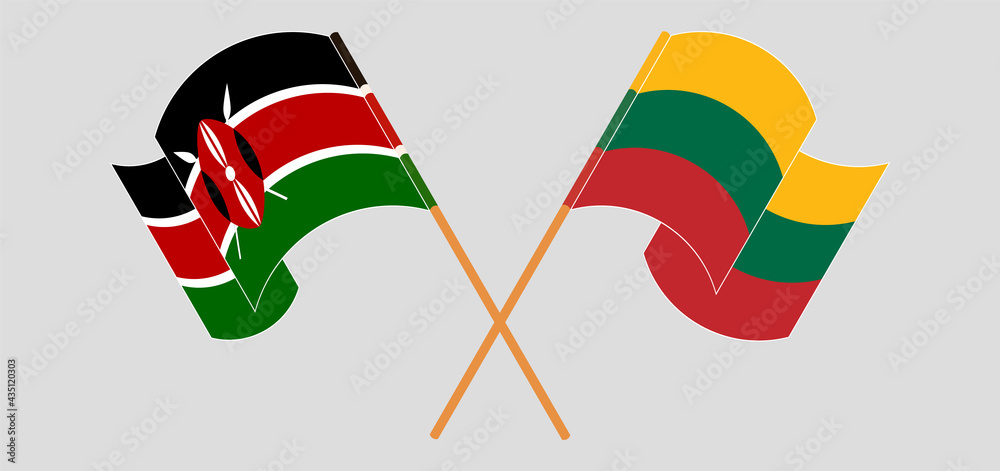 Crossed and waving flags of Kenya and Lithuania