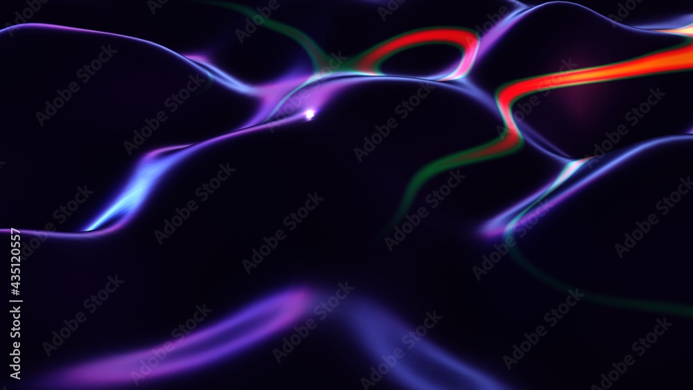 Cosmic neon waves abstract background. Wriggling blue 3d render purple lines with red blurry stripes. Glowing curvature space in digital futurism. Winding streams stellar wind with magical gradient