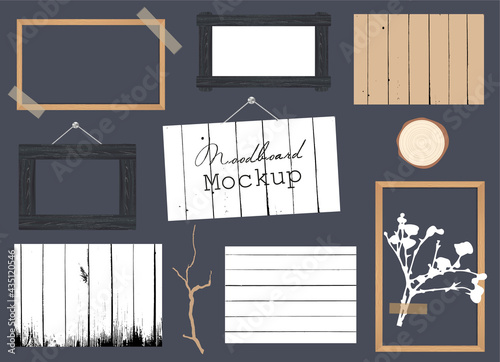 Set of of different wooden frames on sticky tape, wood boards texture, tree branch, tree ring, flower twig. Mockup for modern design. Vector 3d realistic. Blank template collection. EPS10.