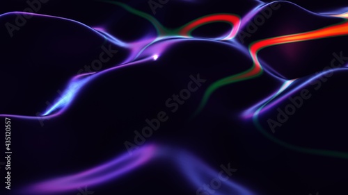 Cosmic neon waves abstract background. Wriggling blue 3d render purple lines with red blurry stripes. Glowing curvature space in digital futurism. Winding streams stellar wind with magical gradient © IRYNA