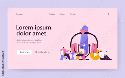 Happy tiny people sitting and listening radio podcast isolated flat vector illustration. Cartoon man and woman with headsets talking on interview. sound technology and online broadcasting concept