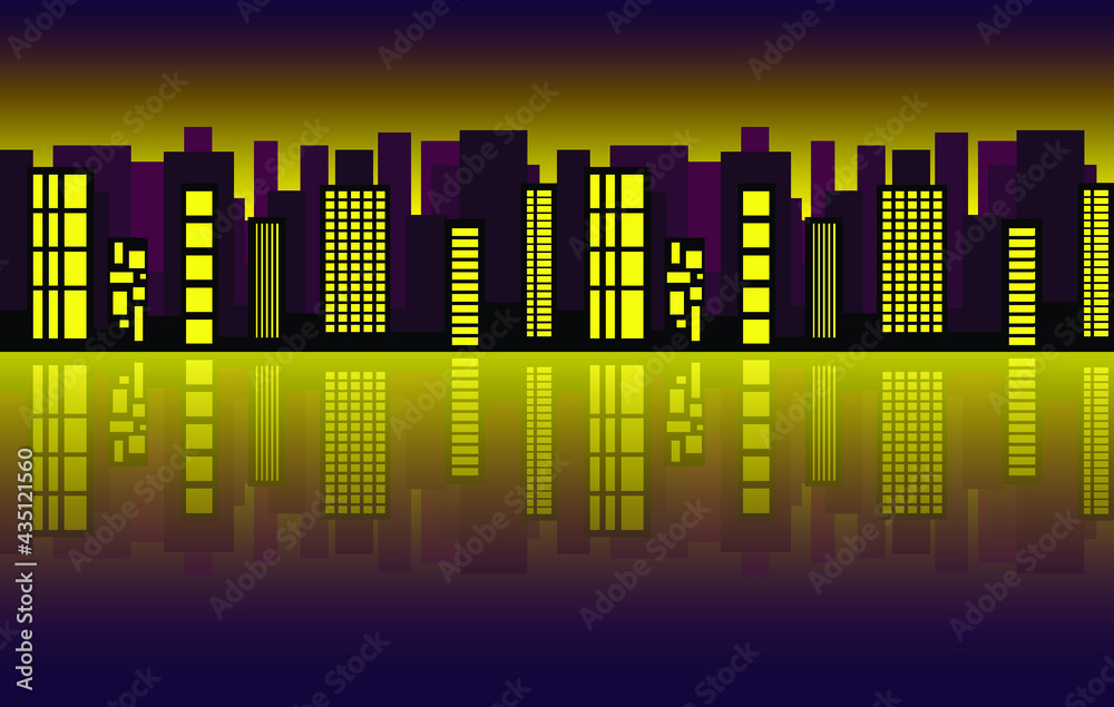 Architecture pattern. Cityscape silhouette reflected in the water. City skyline. VECTOR ILLUSTRATION.