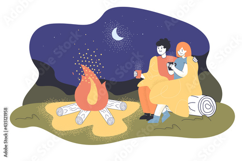 Cartoon loving couple sitting by fire at night. Flat vector illustration. Man and woman hugging, sitting on log, drinking tea, warming up by fire under moon. Nature, romance, walking holiday concept